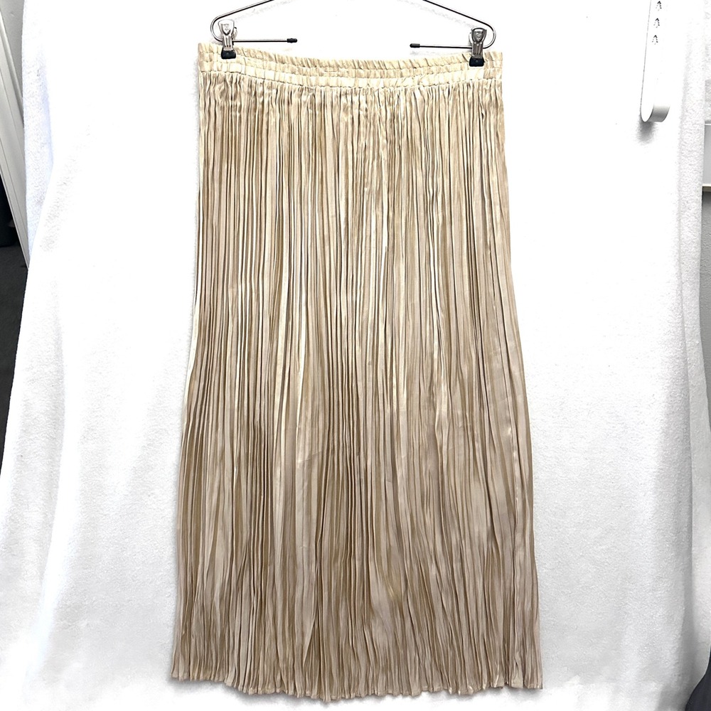 Worthington Sz 16 Champagne Gold Pleated Plisse Maxi Broomstick Skirt Shimmer